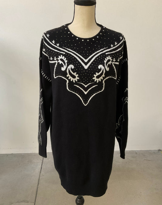 Women's Maeve Black with white design sweater Dress with rhinestones Size S