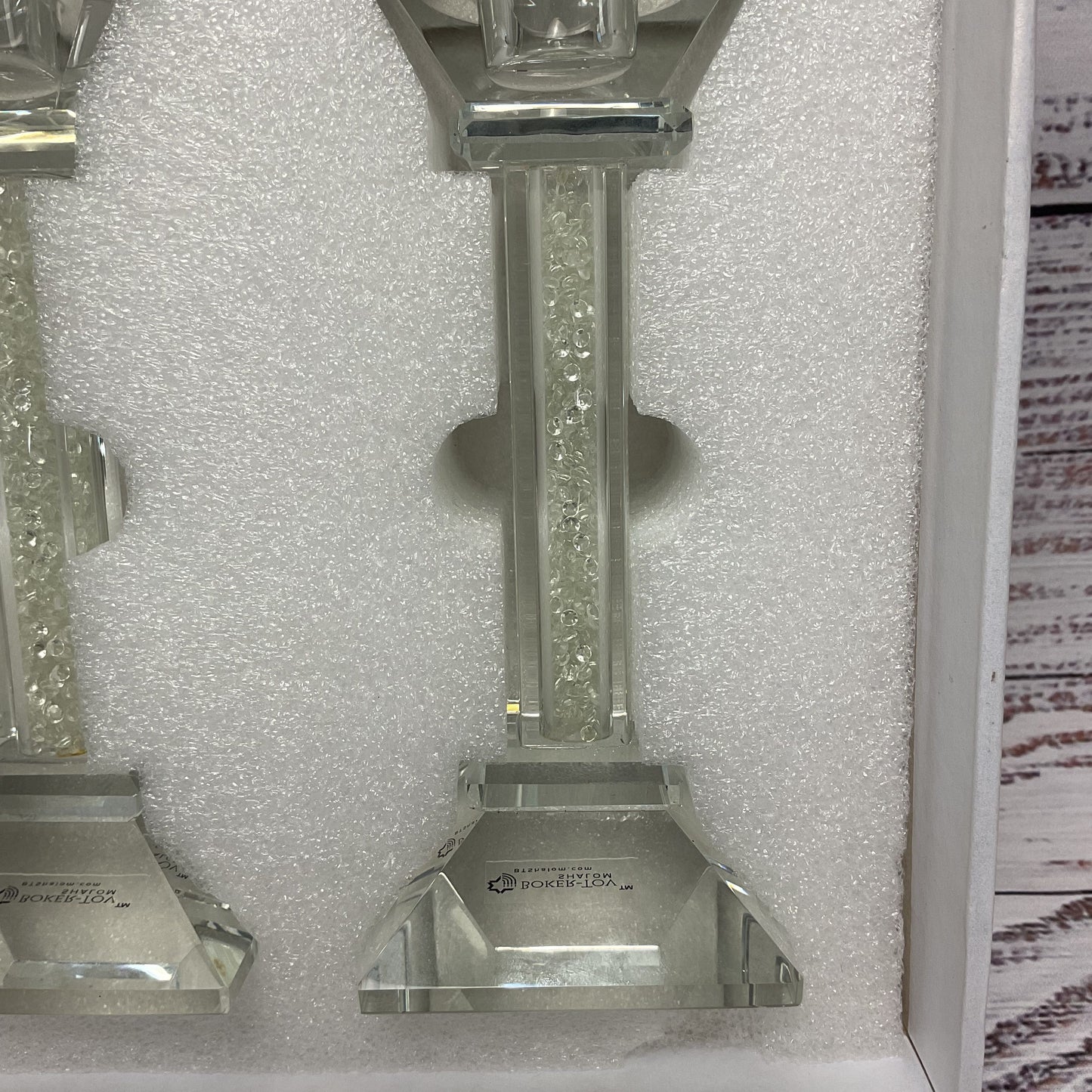 Boker Tov Shalom Rhinestone Crystal Glass Candle Stick Pair