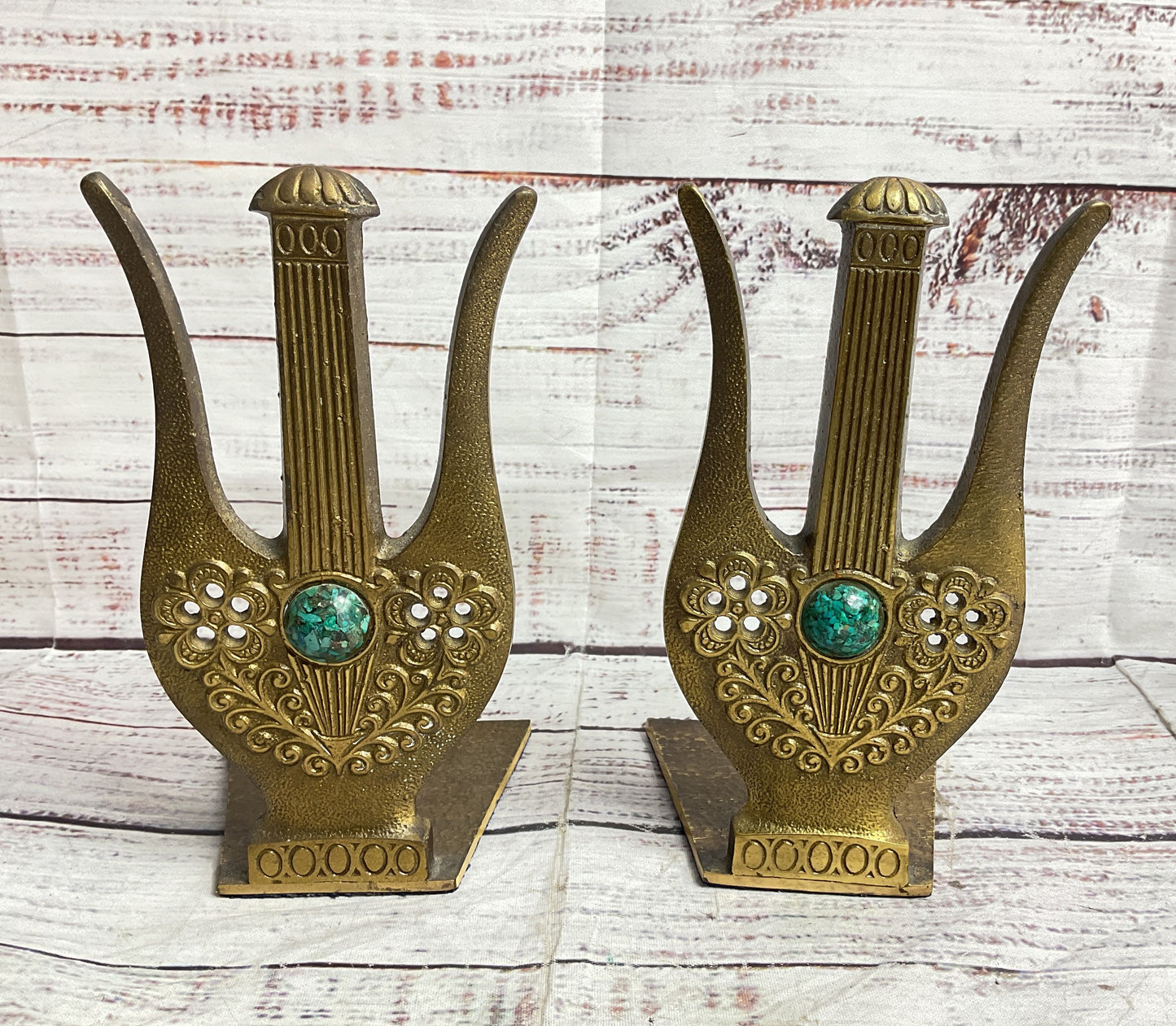 Vintage MCM Brass Harp Isreali Bookends Brass