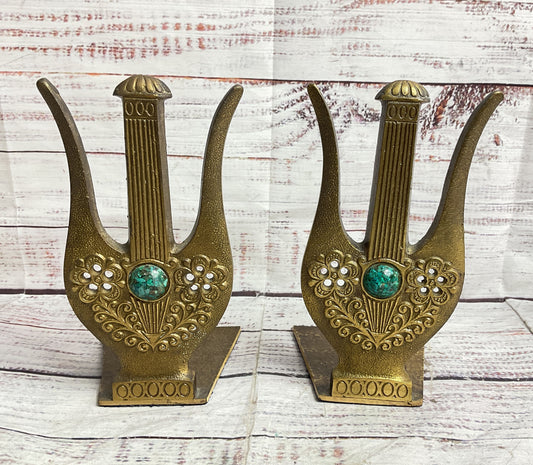 Vintage MCM Brass Harp Isreali Bookends Brass