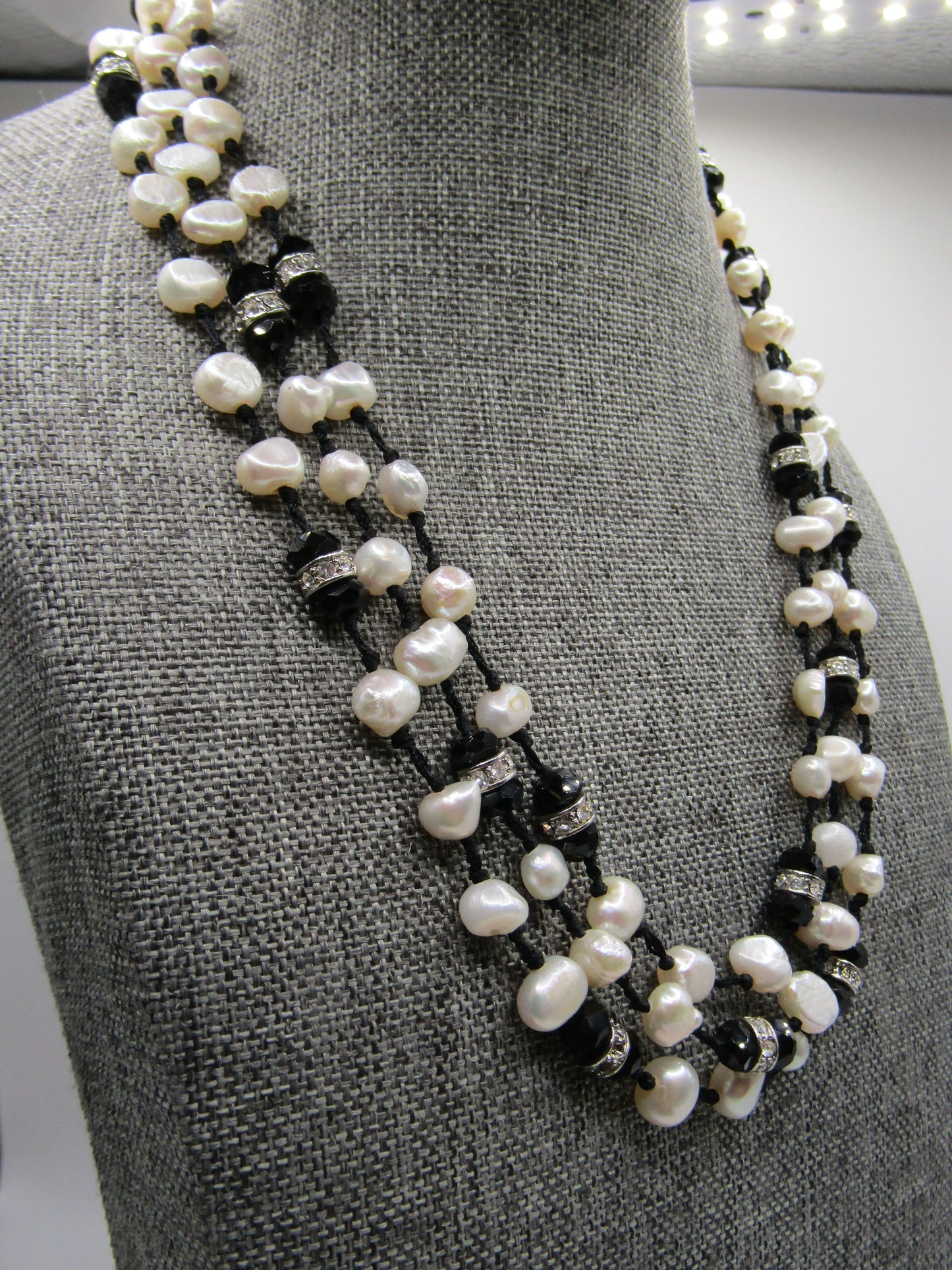 16 1/4" Multi Strand Freshwater Baroque Pearl Onyx Rhinestone Necklace
