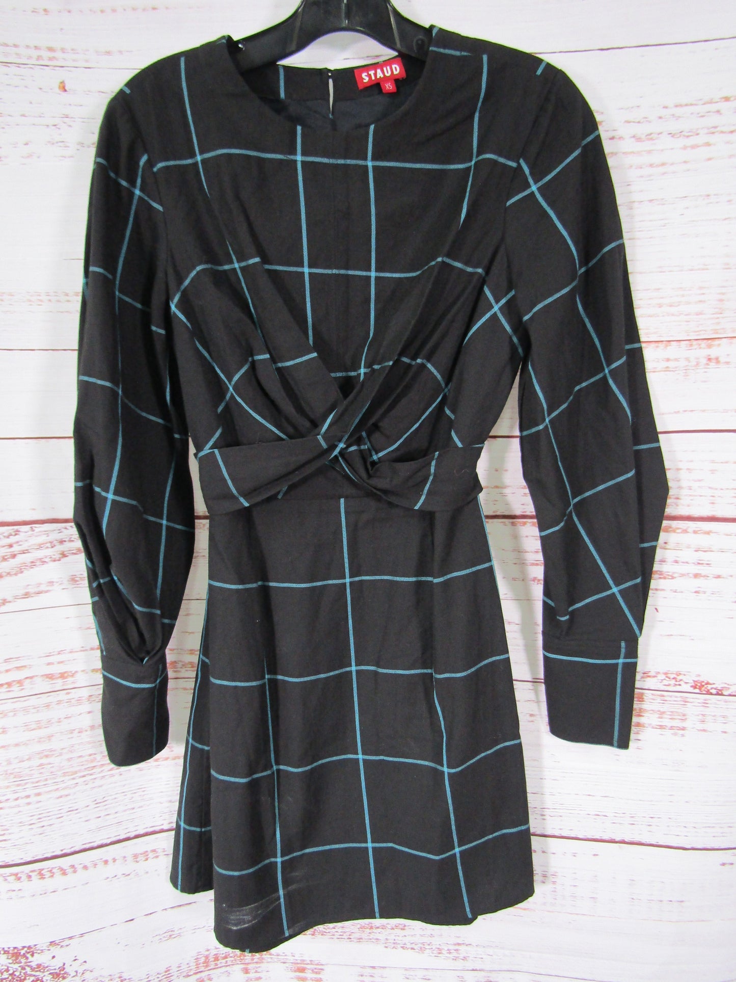 Staud Crosshill Women's Black Blue Checkered Long Sleeve Mini Dress Size XS