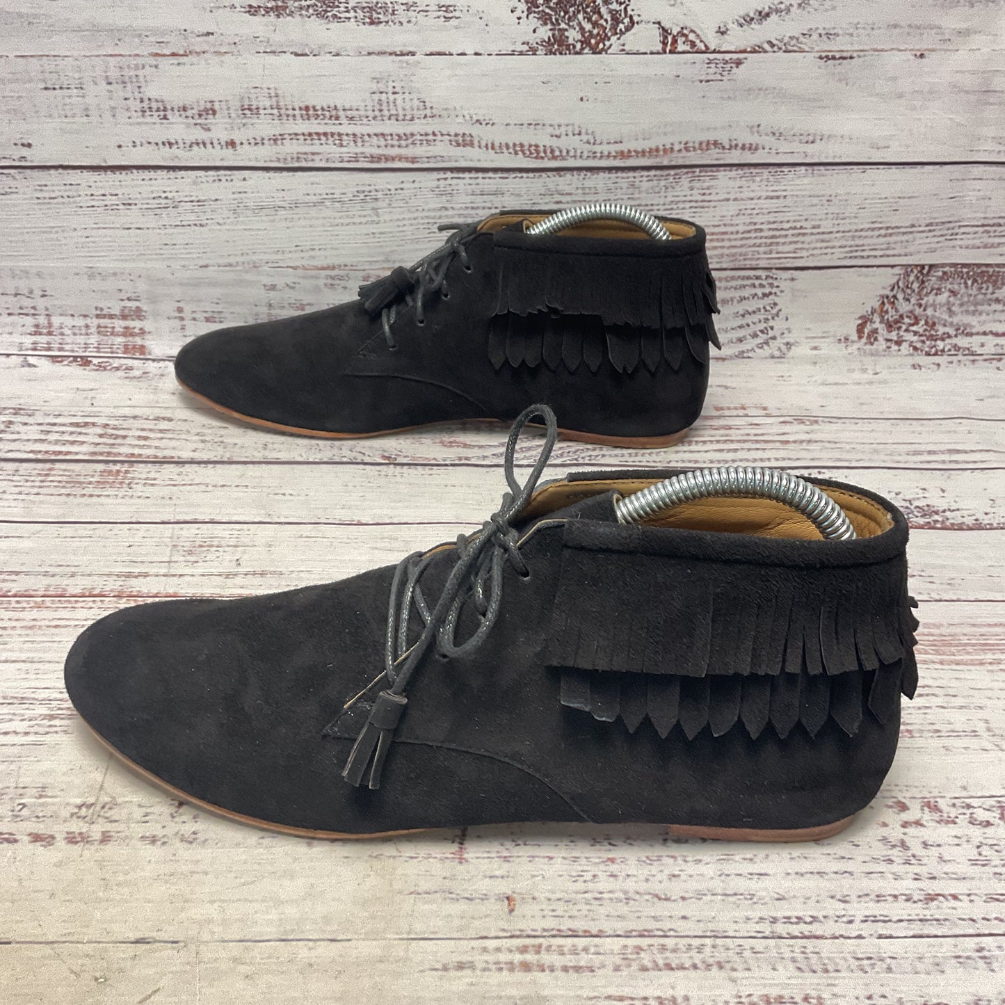 Ulla Johnson Black Suede Laced Moccasin Fringe Shoe Women Size 8.5