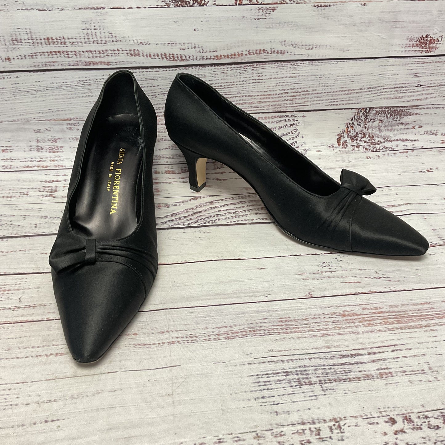 Silvia Fiorentina Black Satin Kitten Heel Bow Women Size 8.5