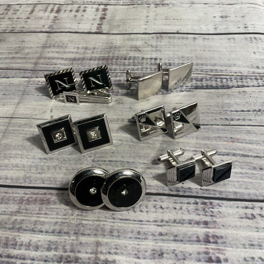 Lot of 6 VTG. Swank Silver Tone & Black Enamel Cufflink Sets + Tie Clip