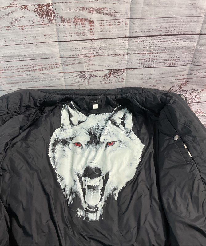 Diesel Women's Biker Black Puffer Jacket Size XXL Inner Wolf Print