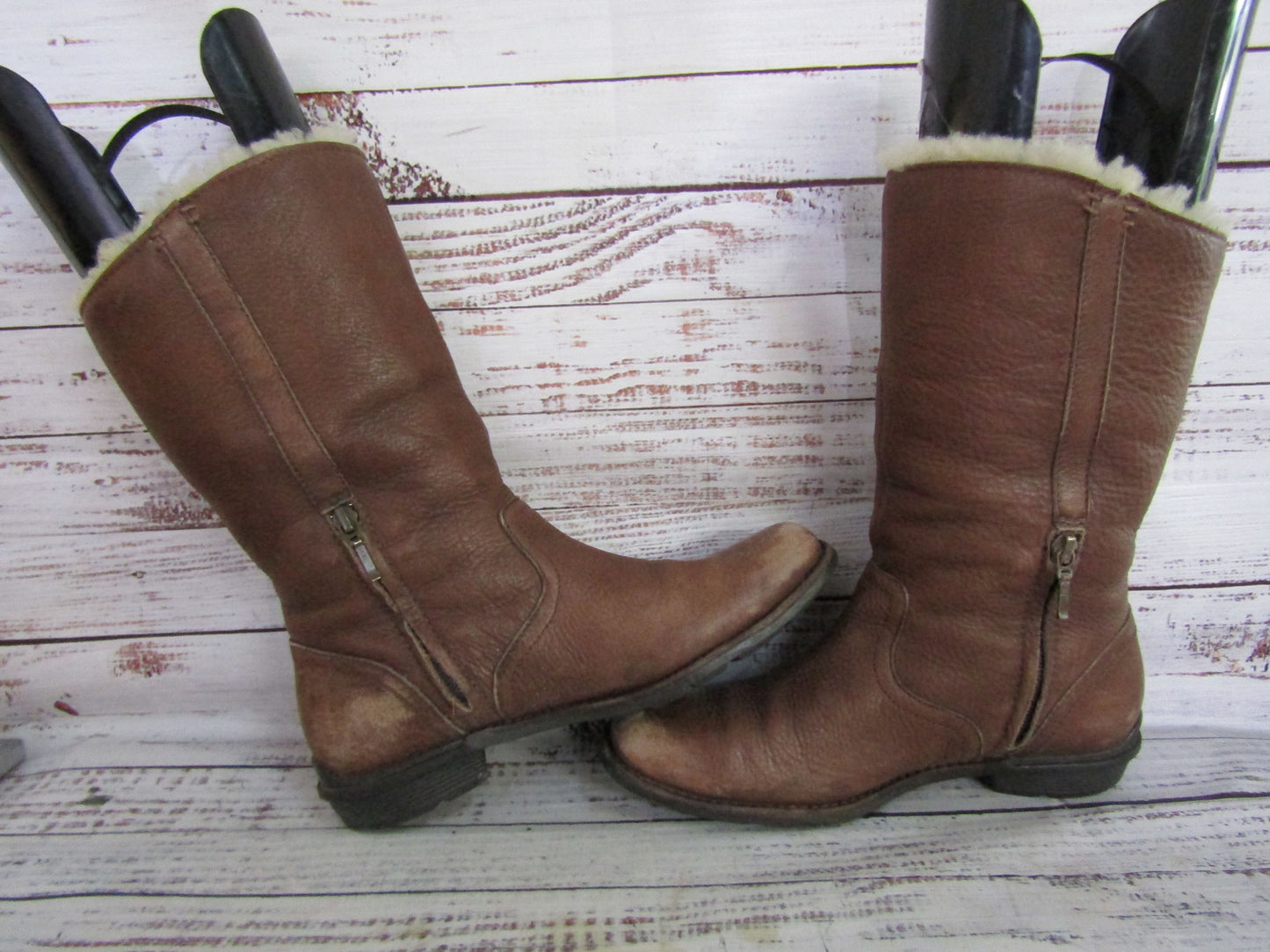 UGG Bellevue Women's Brown Leather Mid-Calf Shearling Boots Size 7