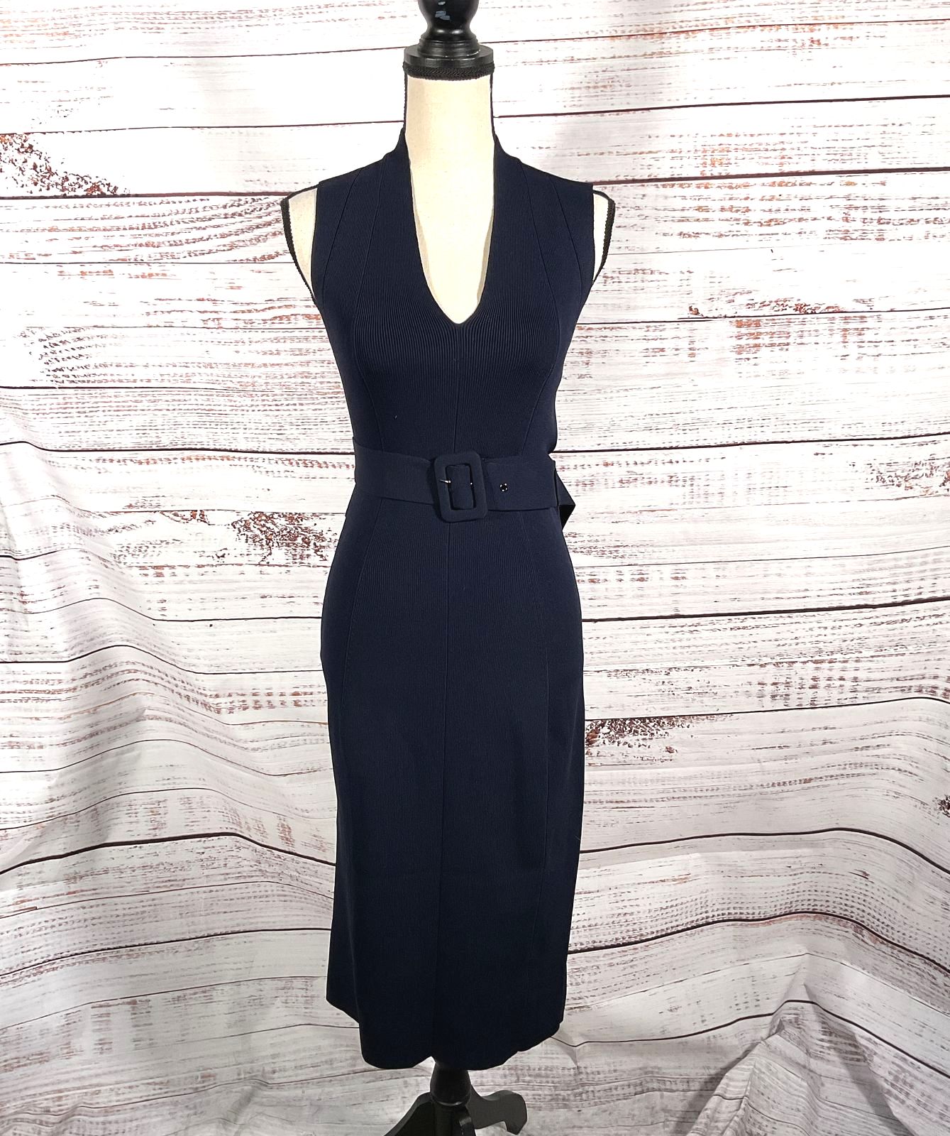 Reiss Ella Knitted Ribbed Belted Midi Dress Navy Blue S
