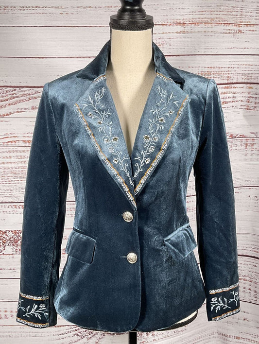 Futario Embroidered Cuff Floral Velvet Blue XS