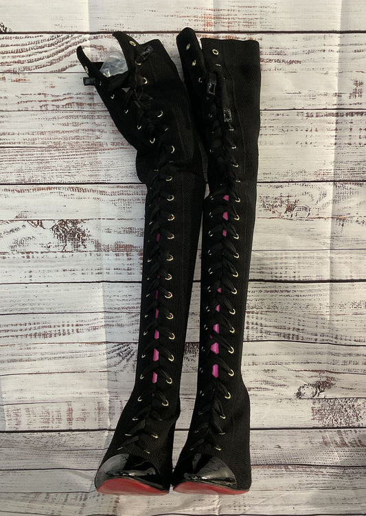 Christian Louboutin Patent Maille Tricot Over The Knee Platform Heels Black 9.5