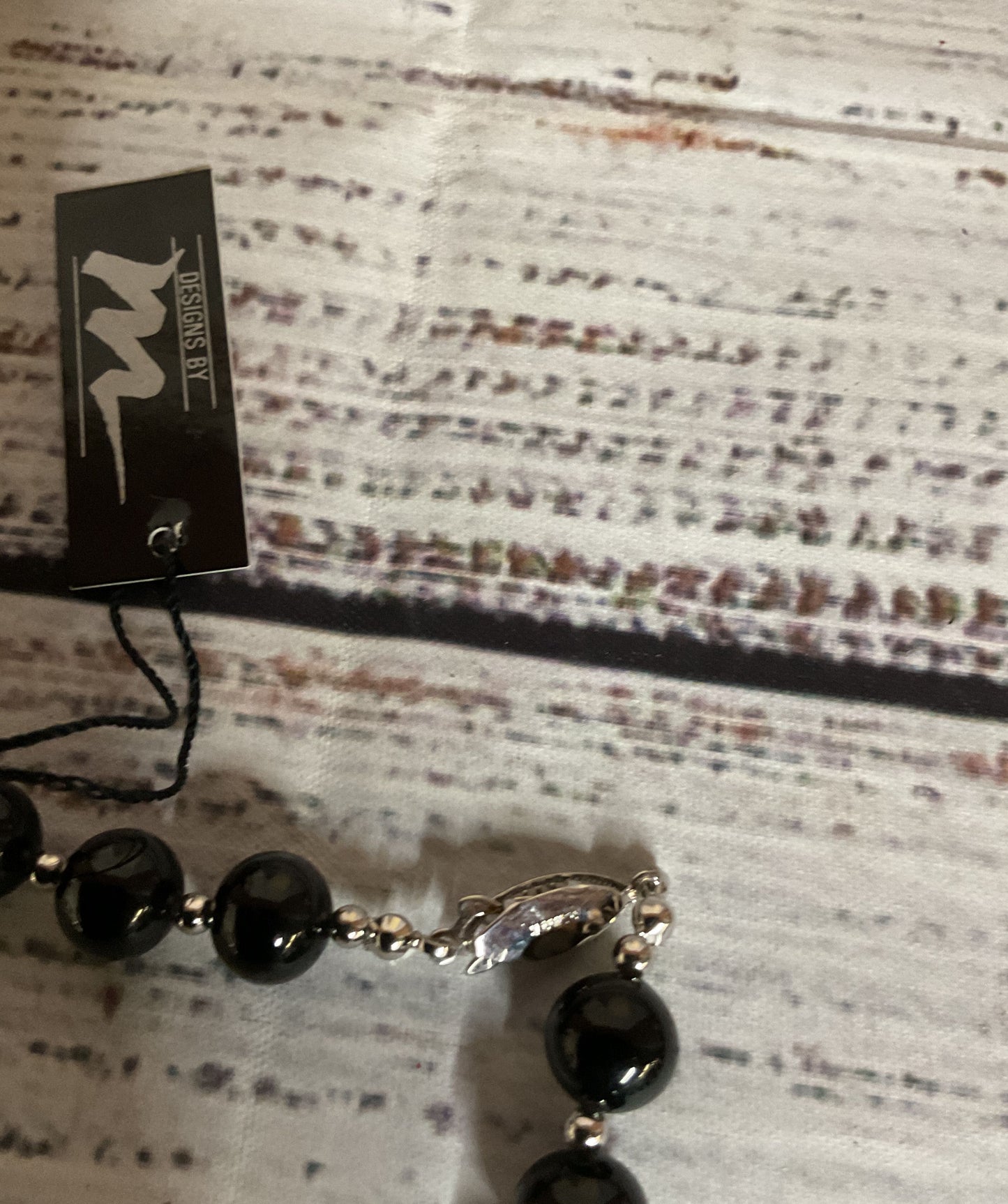 Faux Black Onyx Glass Beads Silver Clasp Necklace Made in Japan