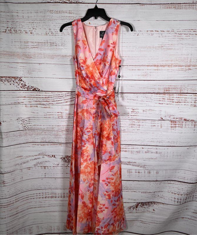 NWT Adrianna Papell Coral Floral Print Organza Jumpsuit Size 4 Retail $229