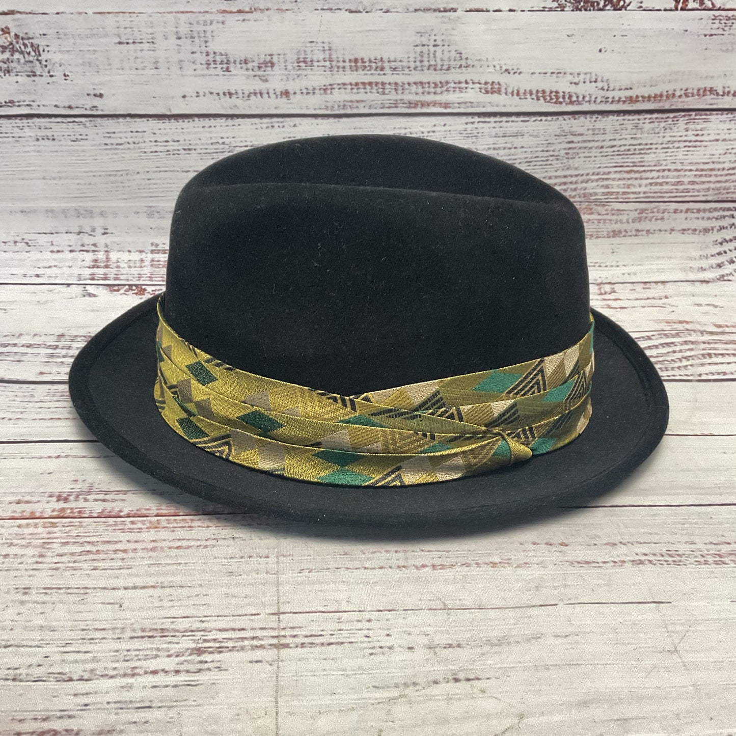 Louise Green Black Fedora Yellow Jacquard Band Hat - Size S