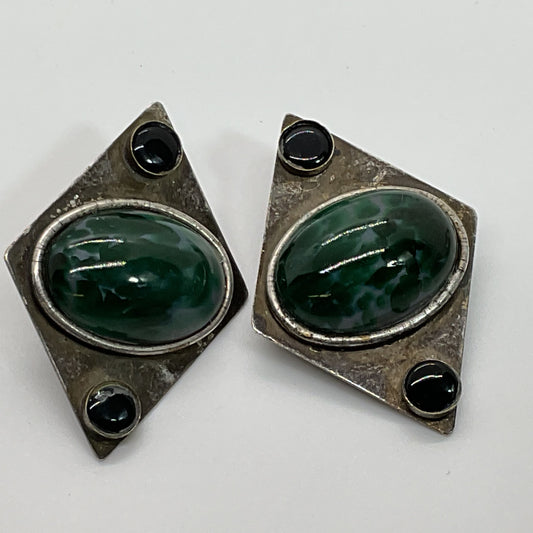 VTG. KATE HINES Silver Tone Green Stone Clip On Earrings- 2"