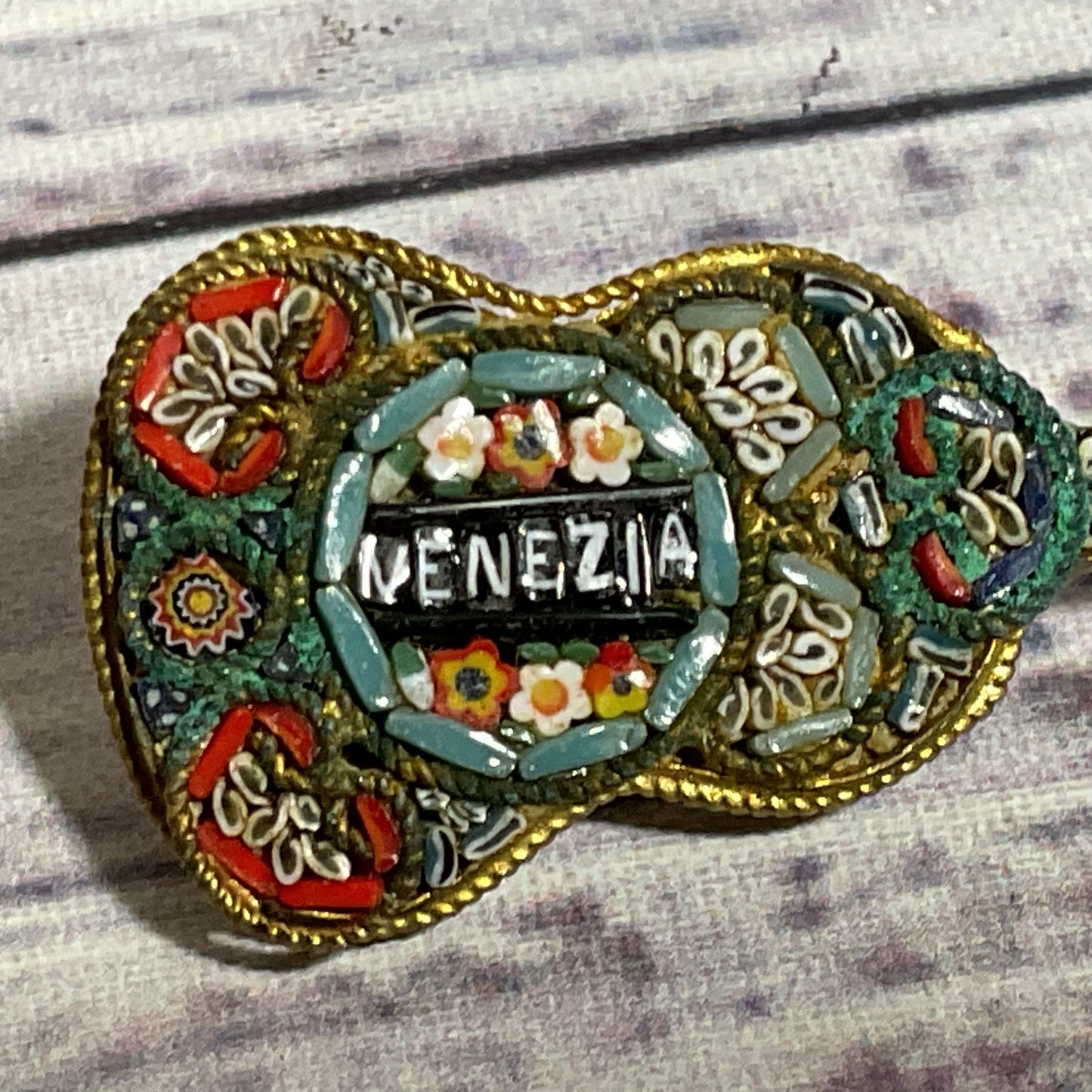 VTG. Brass Italian Micro Mosaic Guitar Brooch- 1.75"