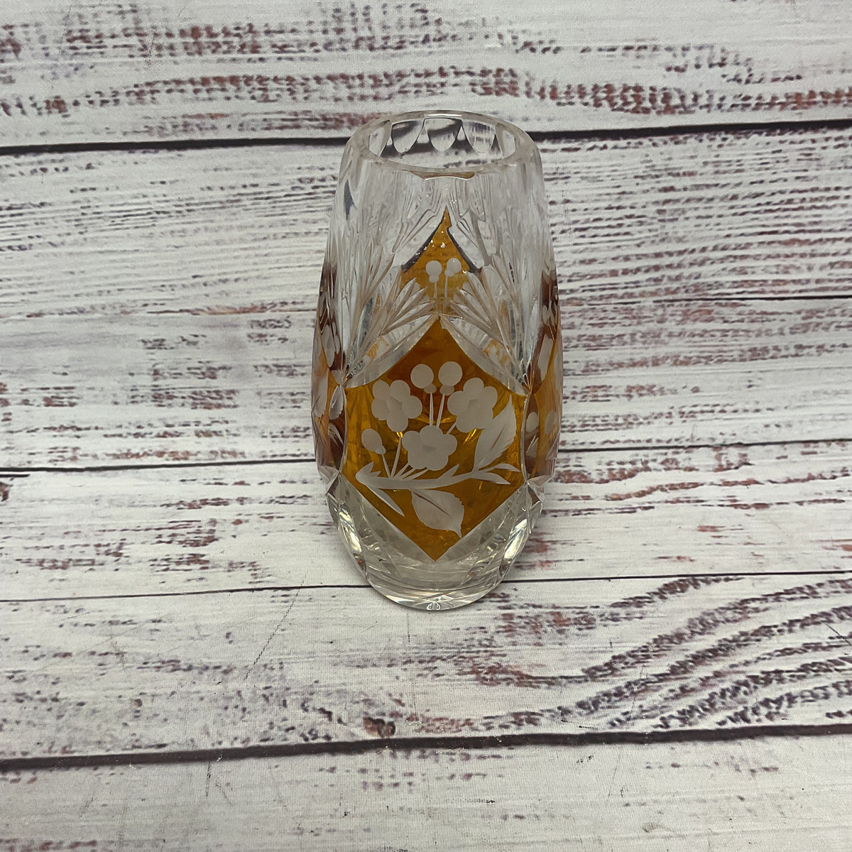 Vintage Hand Cut Lead Crystal Clear Amber Glass Flower Poland 5" Small Vase