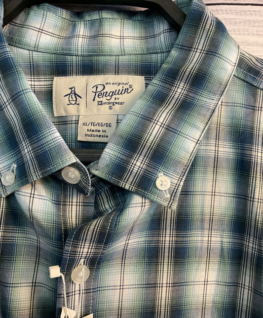 NWT Men's Penguin Blue Green Button Down Shirt Size XL