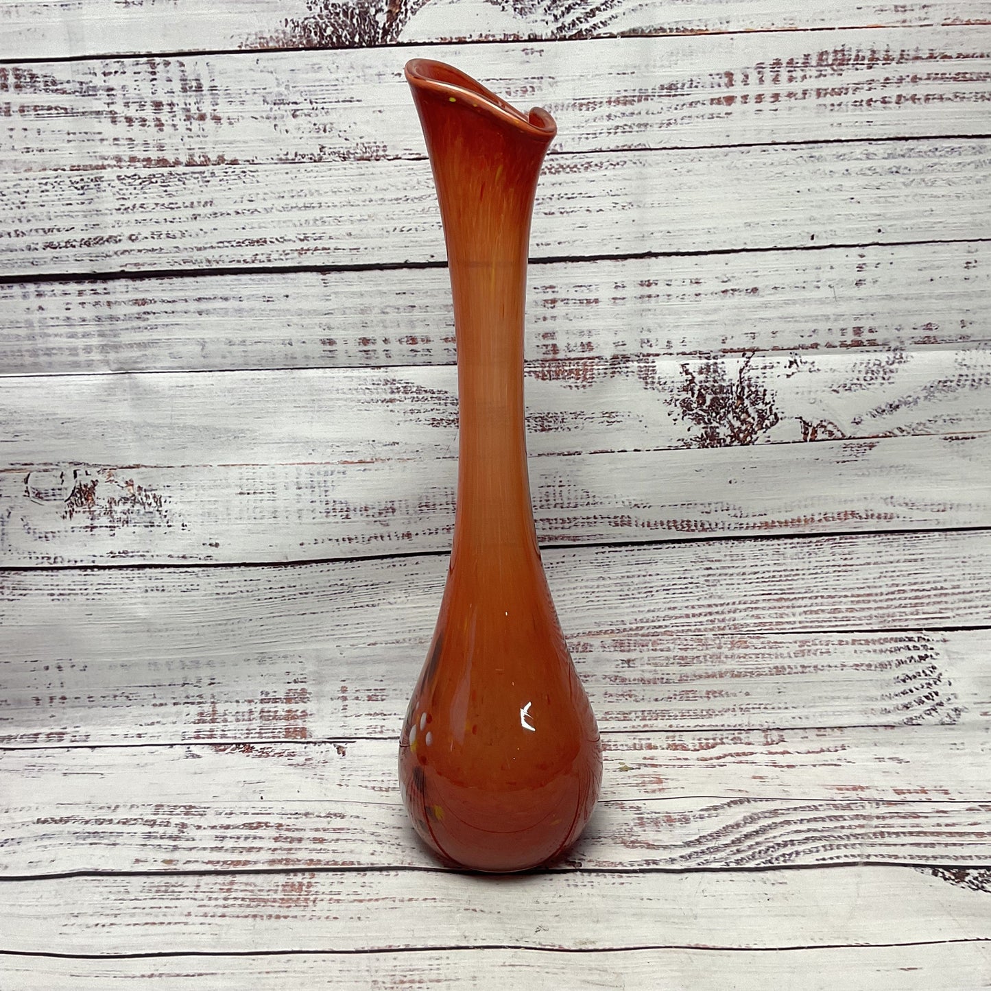 Nico Glass Romanian Tall Tube Slender Neck Orange Multicolor Swirl Glass Vase 14