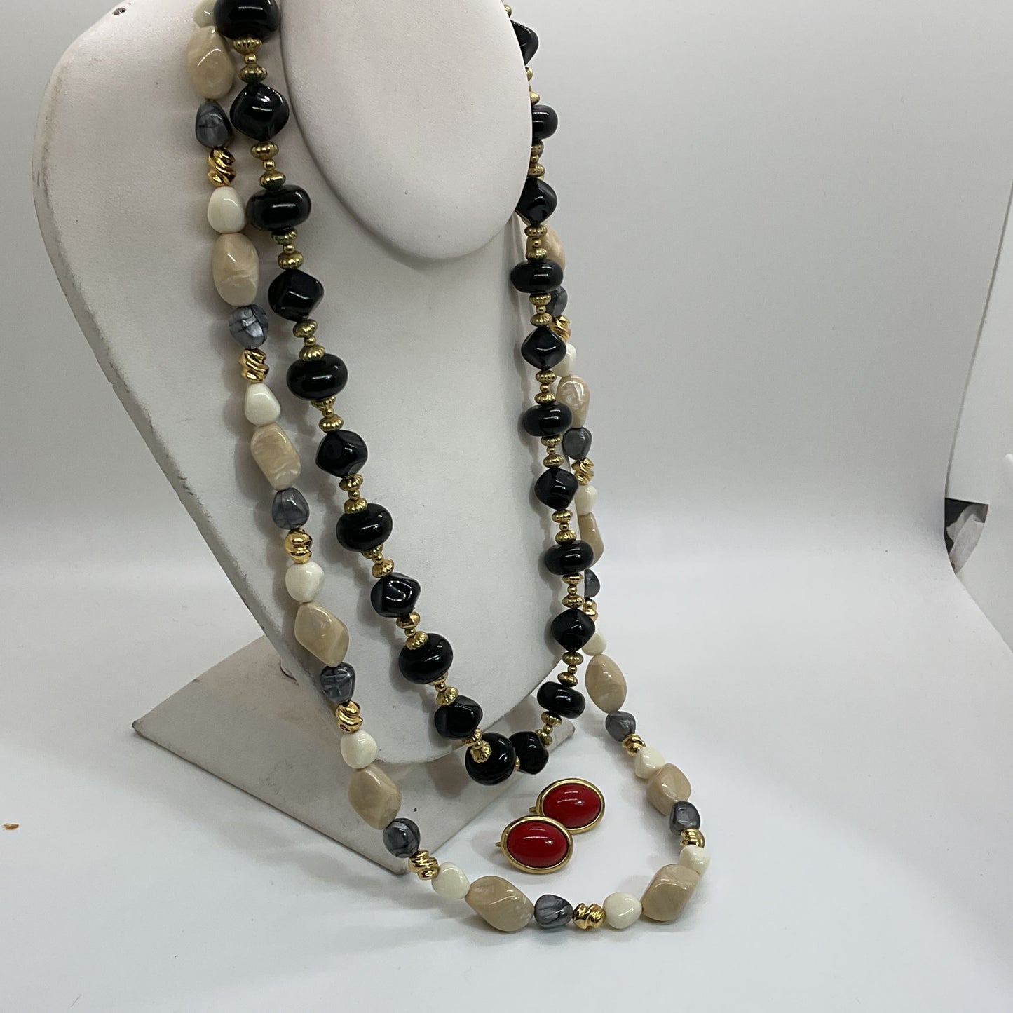 VTG. TRIFARI Set of 2 Beaded 23" & 29" Necklaces and Clip On Earrings