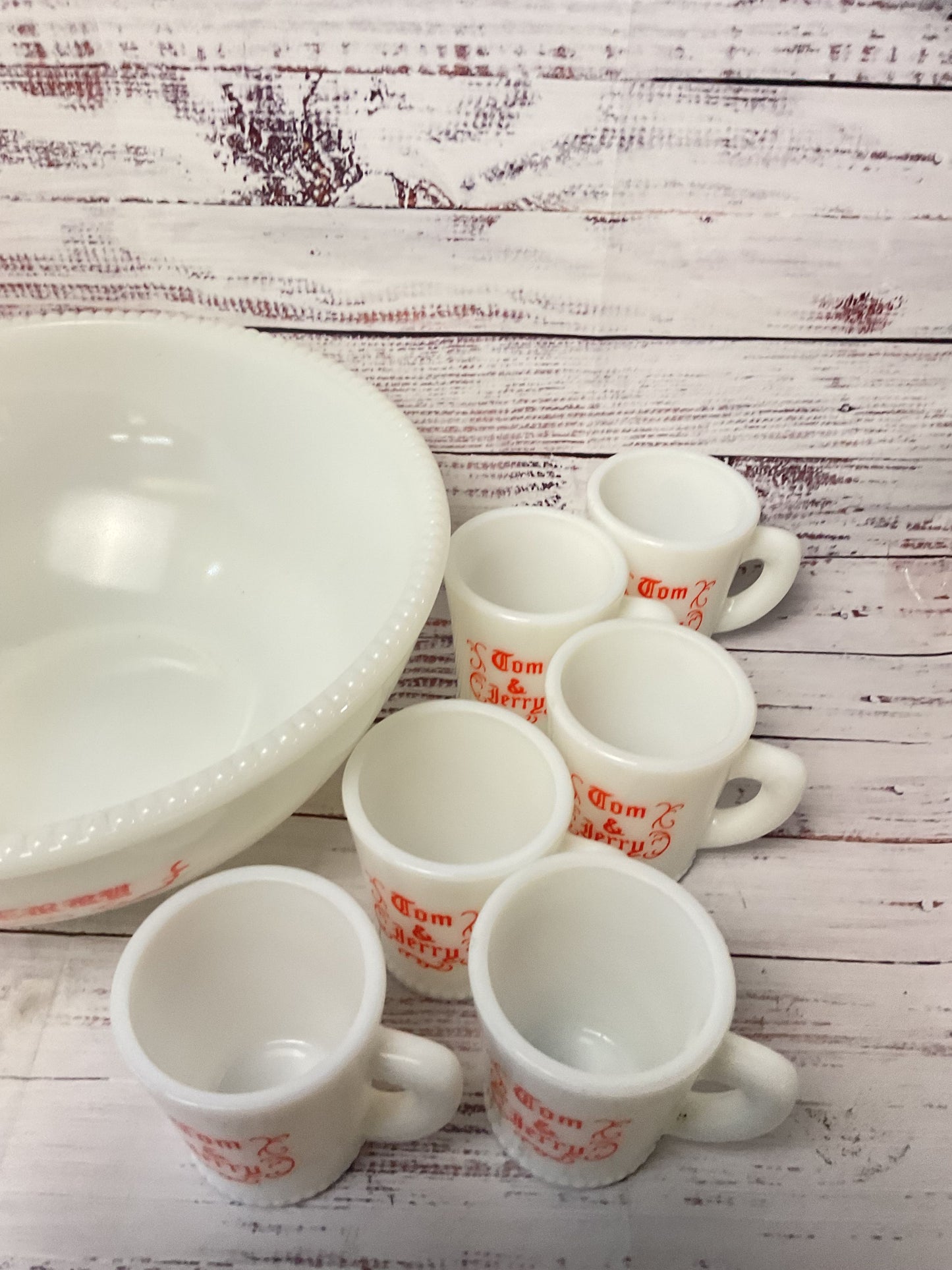 Mckee Tom & Jerry Milk Glass 12 Cups 1 Punch Eggnog Bowl 11" 12 Mugs