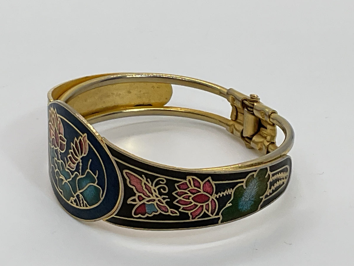 VTG. Brass Cloisonne Floral Hinged Bangle Bracelet- 6.75"