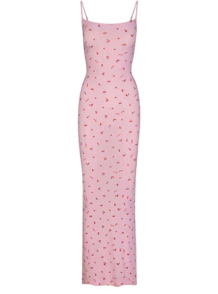 Skims Soft Lounge Long Slip Cherry Print Dress Pink S