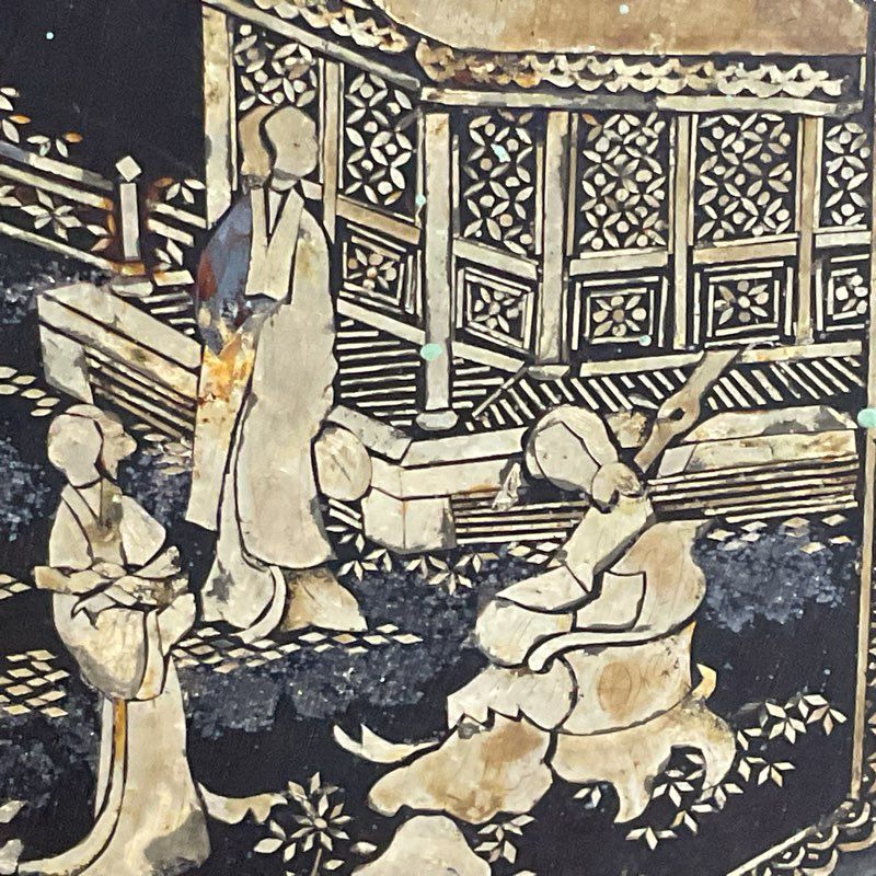 ANTIQUE Chinese Qing Dynasty Wood Metallic Inlaid Lacquer Decorative Piece-11.5"