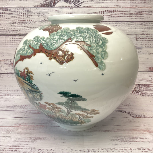 Chinese Tiger Pine Tree Hand Painted Stamped Round Large Ceramic Vase 13"