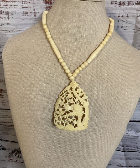 Carved Celluloid Silver Clasp Vintage Beaded Necklace