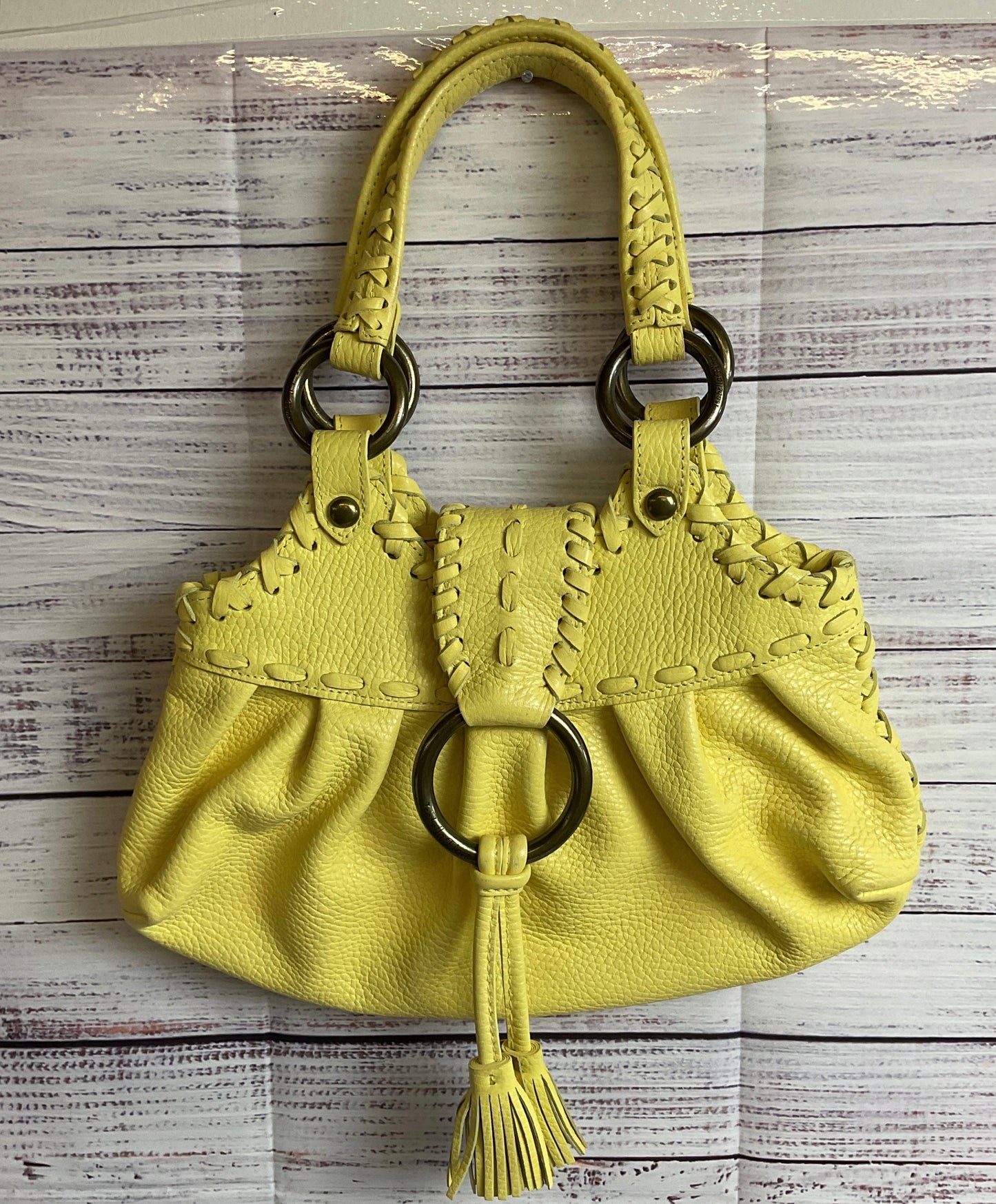 Isabella Fiore Whip Stitch Leather Top Handle Bag with Silver Hardware Rings