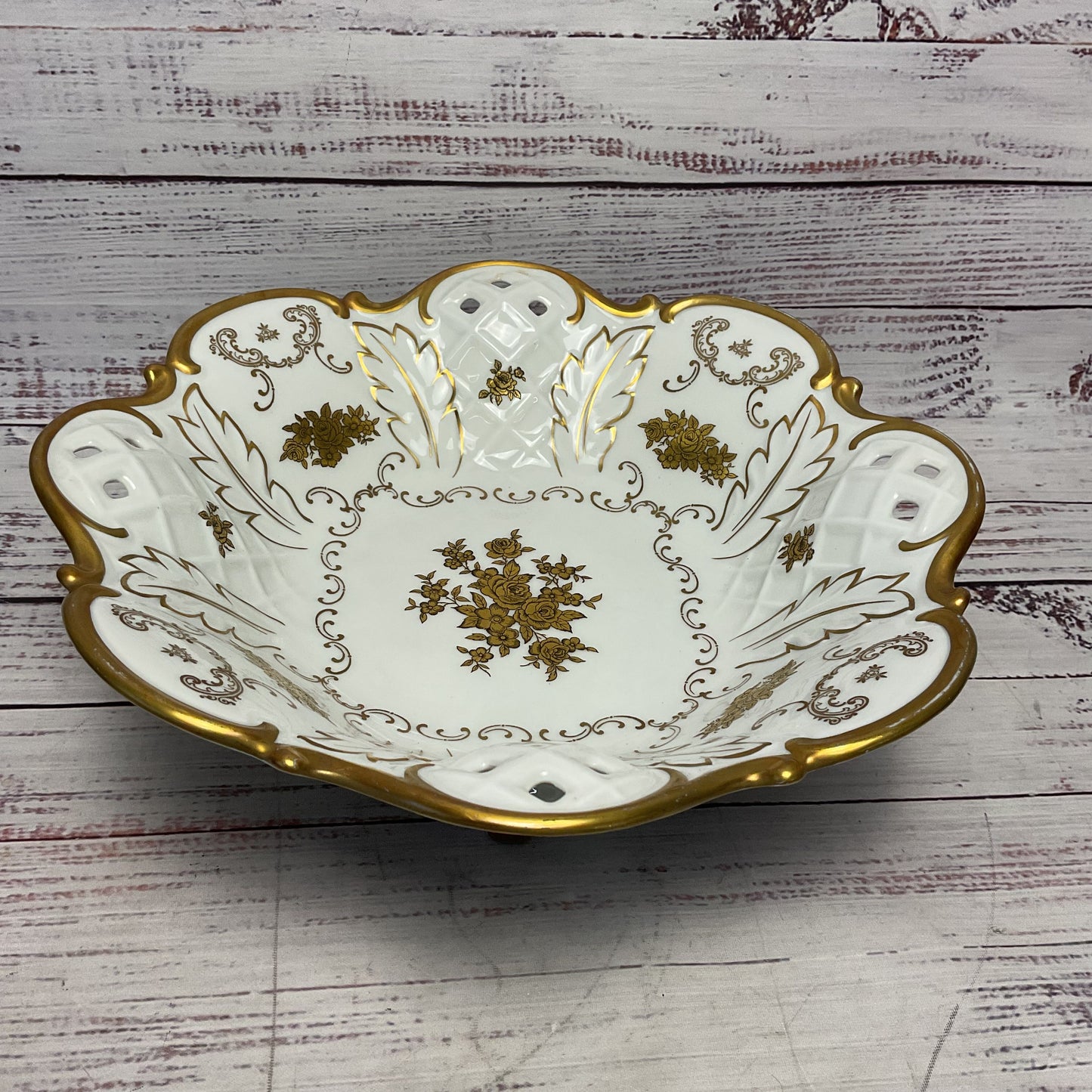 Reichenbach Fine China Ceramic White Footed Floral Design Bowl Gold 11"
