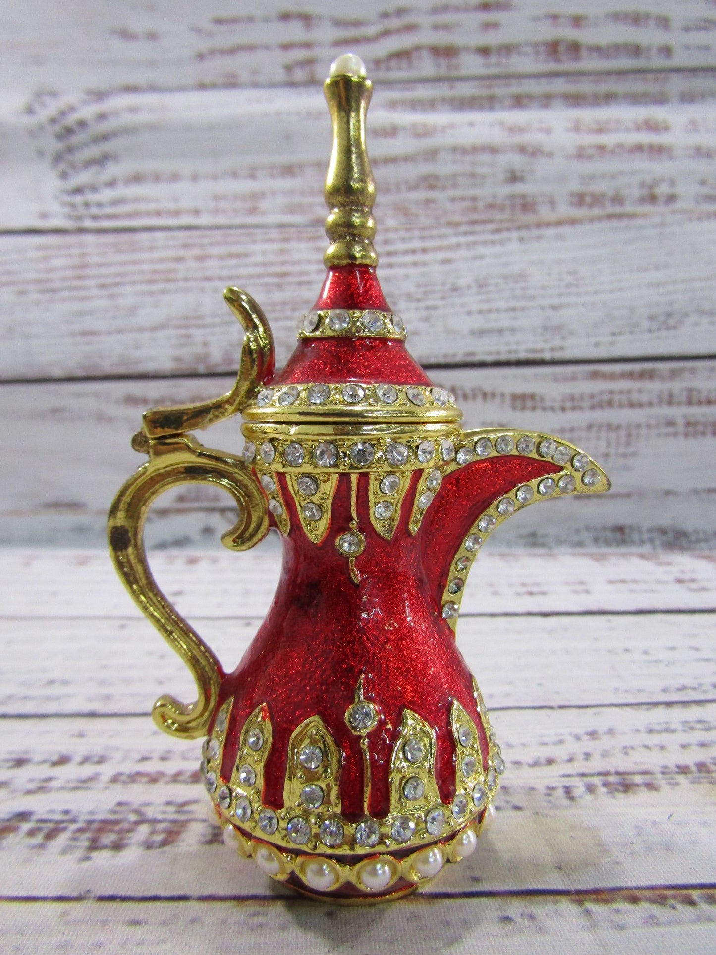 Ornate Gold Plated Red Enamel Dallah Ibrik Trinket Box Set of 2