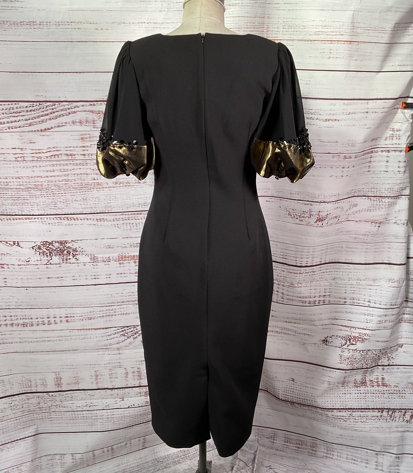 Badgley Mischka Metallic-Cuff Puff-Sleeve Cocktail Dress Black