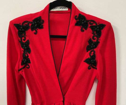 Vintage Albert Capraro Women's Red Floral Embellished Formal Dress Size 8