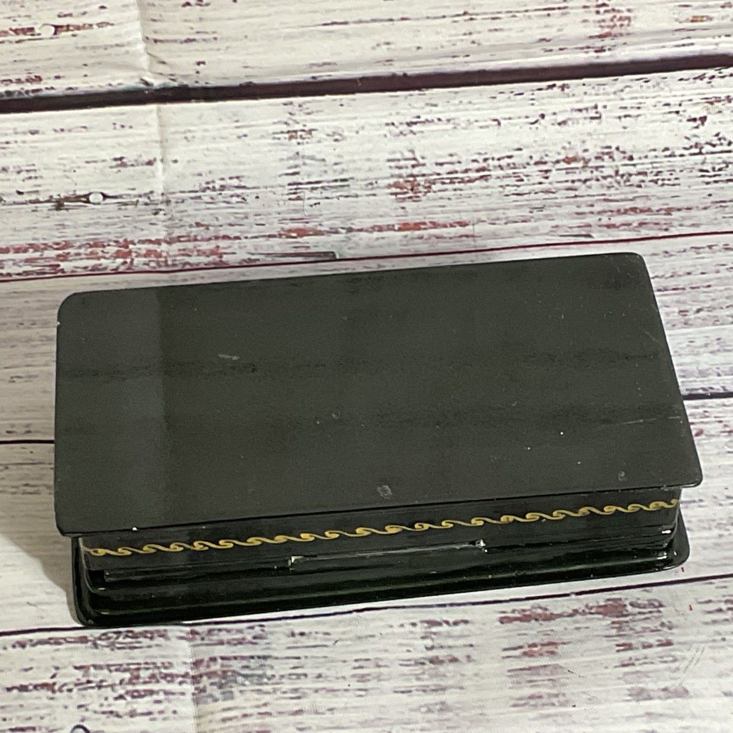 VTG. Russian Black Lacquer Hand Painted Trinket Box- 5" x 2.75"