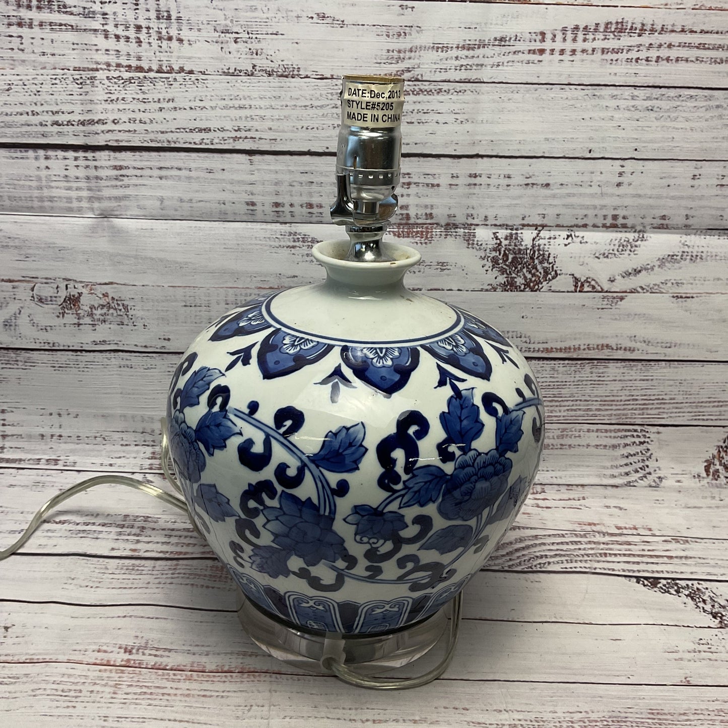 Chinoiserie Blue White Vase Style Lamp Clear Glass Base Working 13"