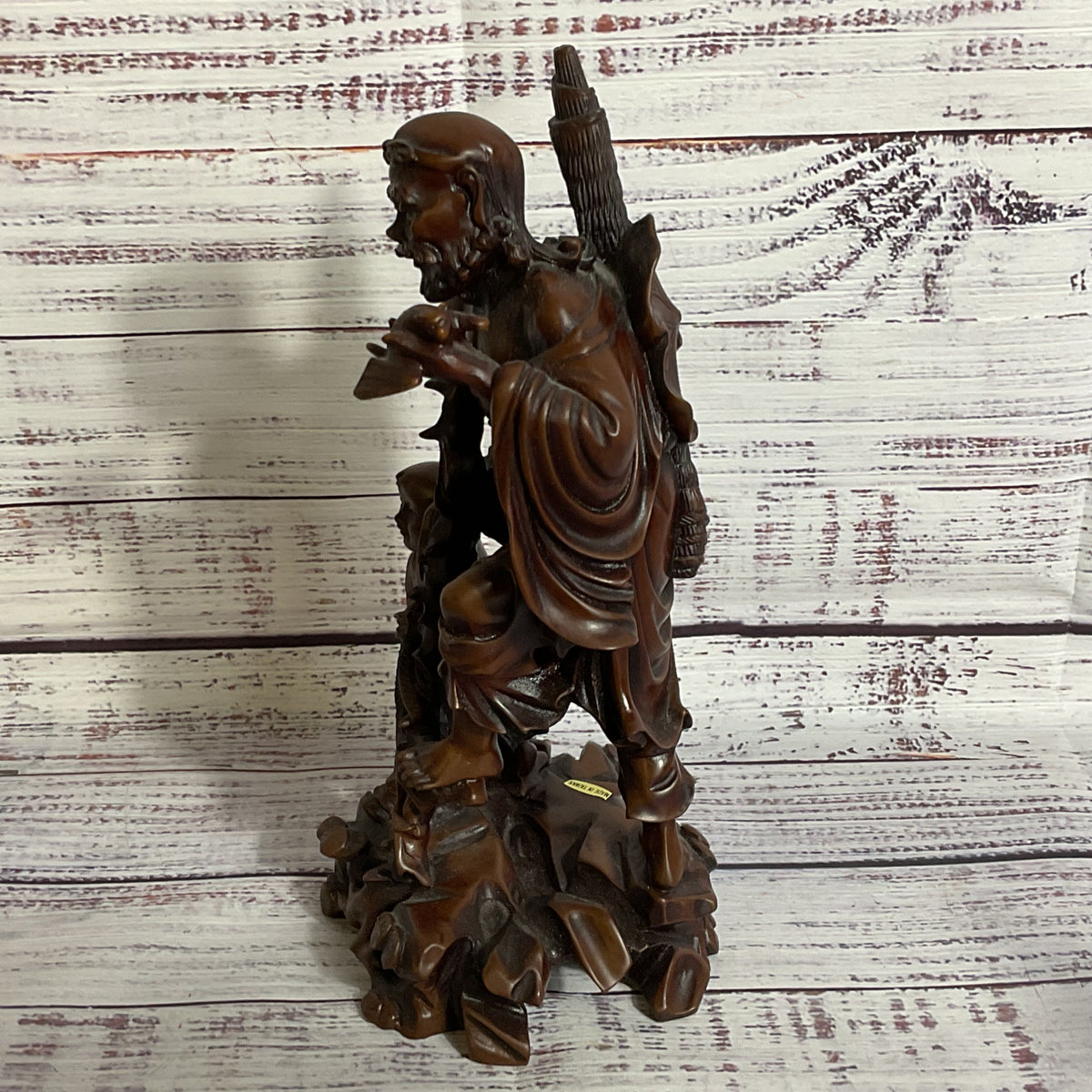 VTG./ANTIQUE Wood Carved Chinese Man, Child and Bat- 9"