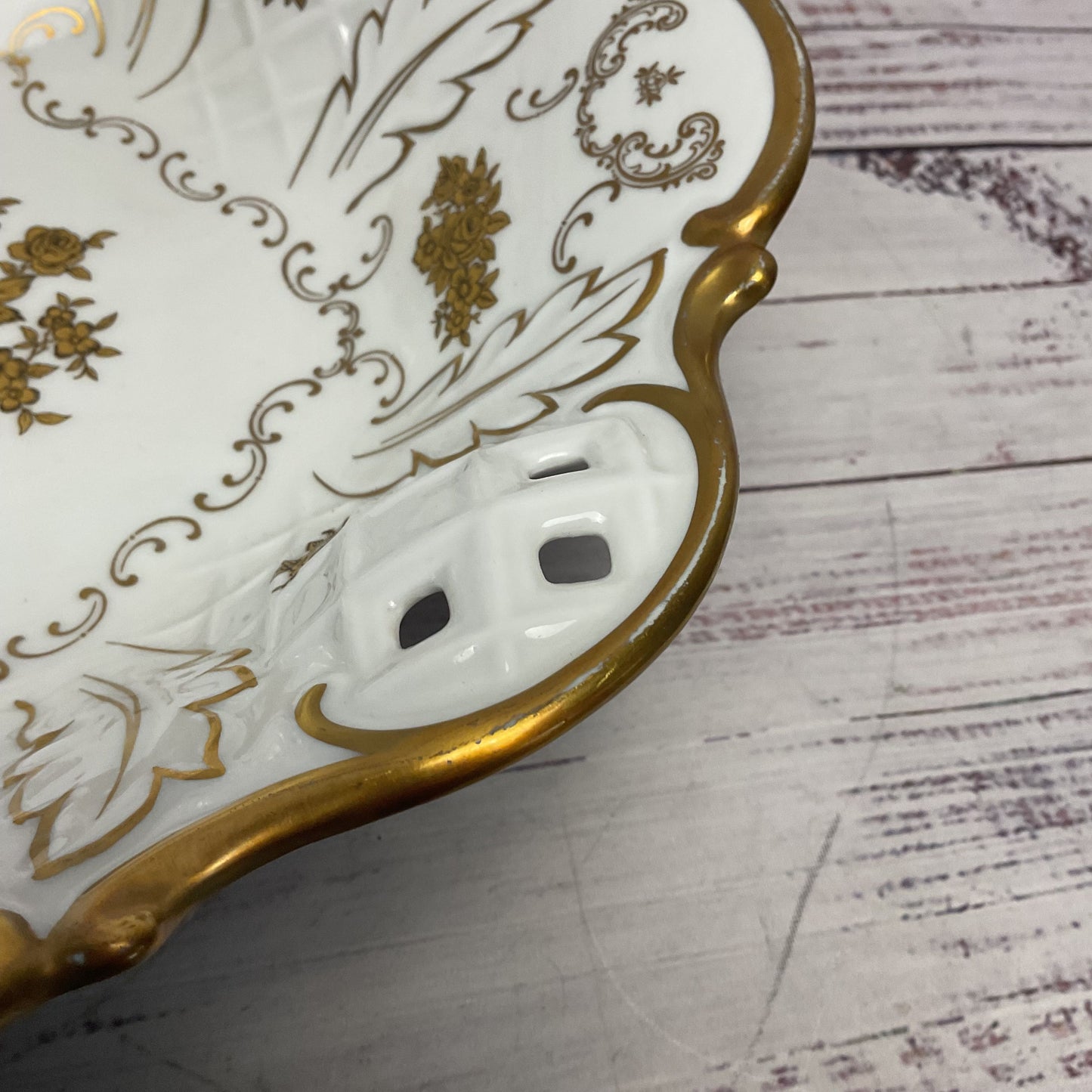 Reichenbach Fine China Ceramic White Footed Floral Design Bowl Gold 11"