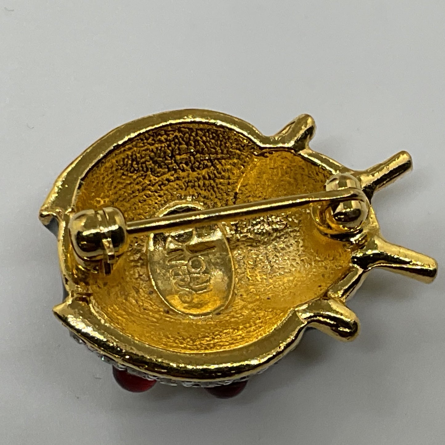 VTG. JOAN RIVERS Gold Tone & Rhinestone Lady Bug Brooch- 1.25"