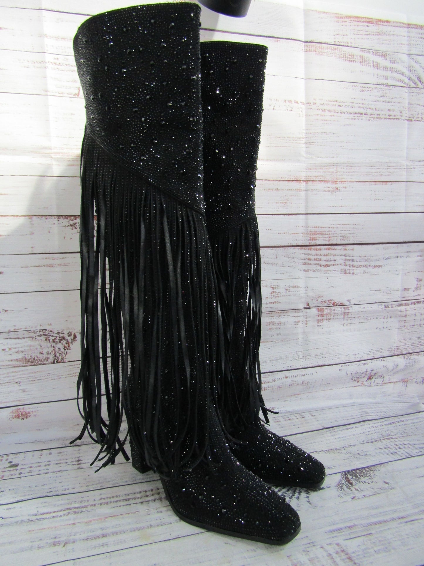 Ouepiano Women's Black Faux Leather Fringe Studded Western Boots Size 8