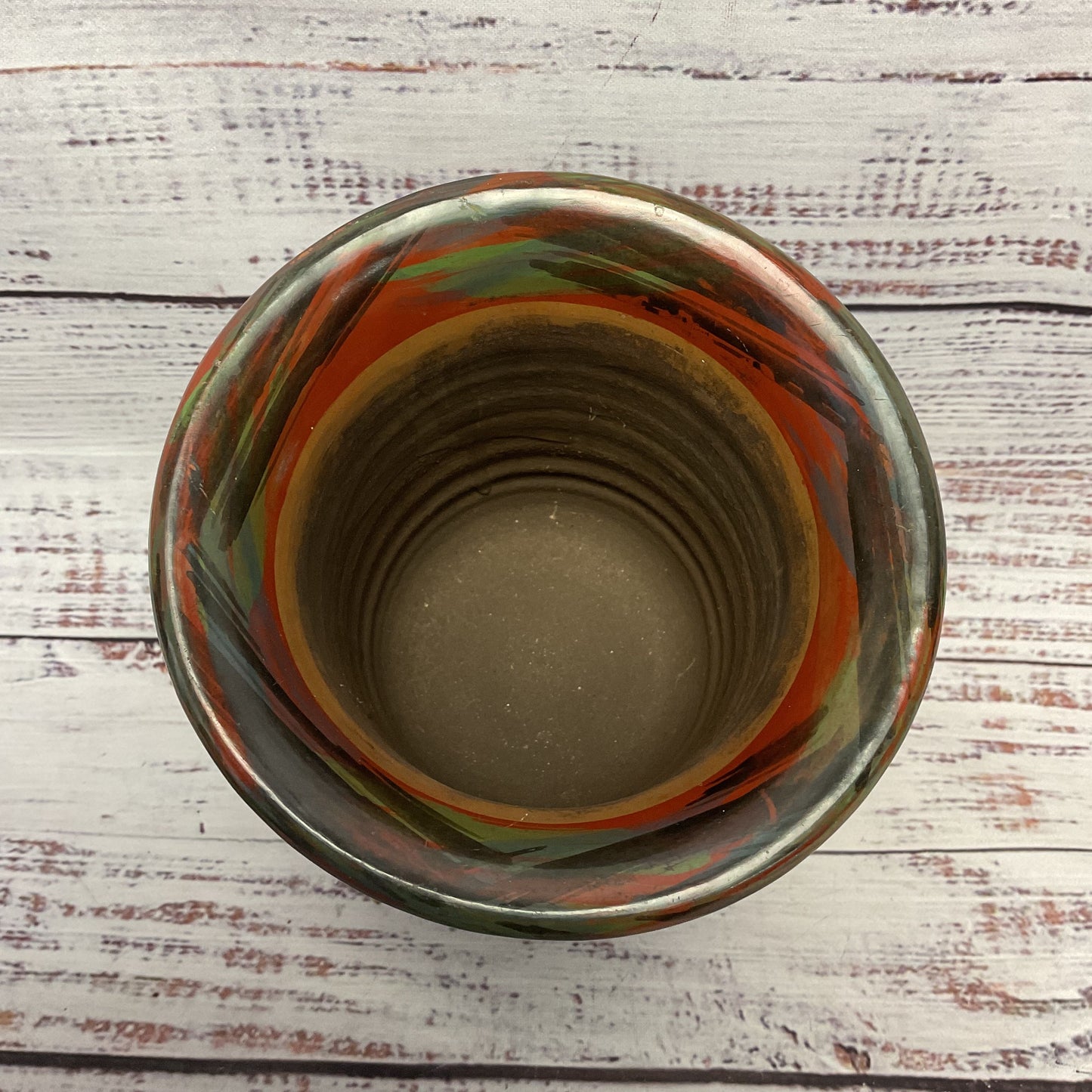 Red Green Black Hand Carved Bird Flower Clay Vase 5"x5"x6"