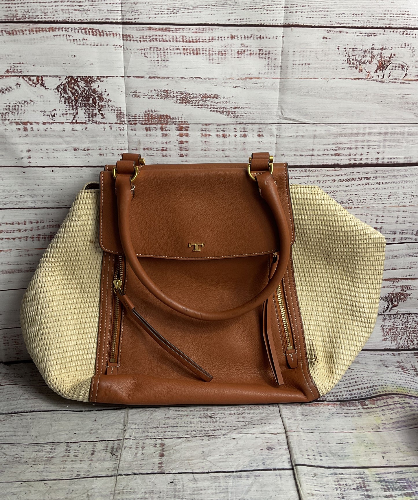 Tory Burch Half-Moon Straw Tote Bag Brown