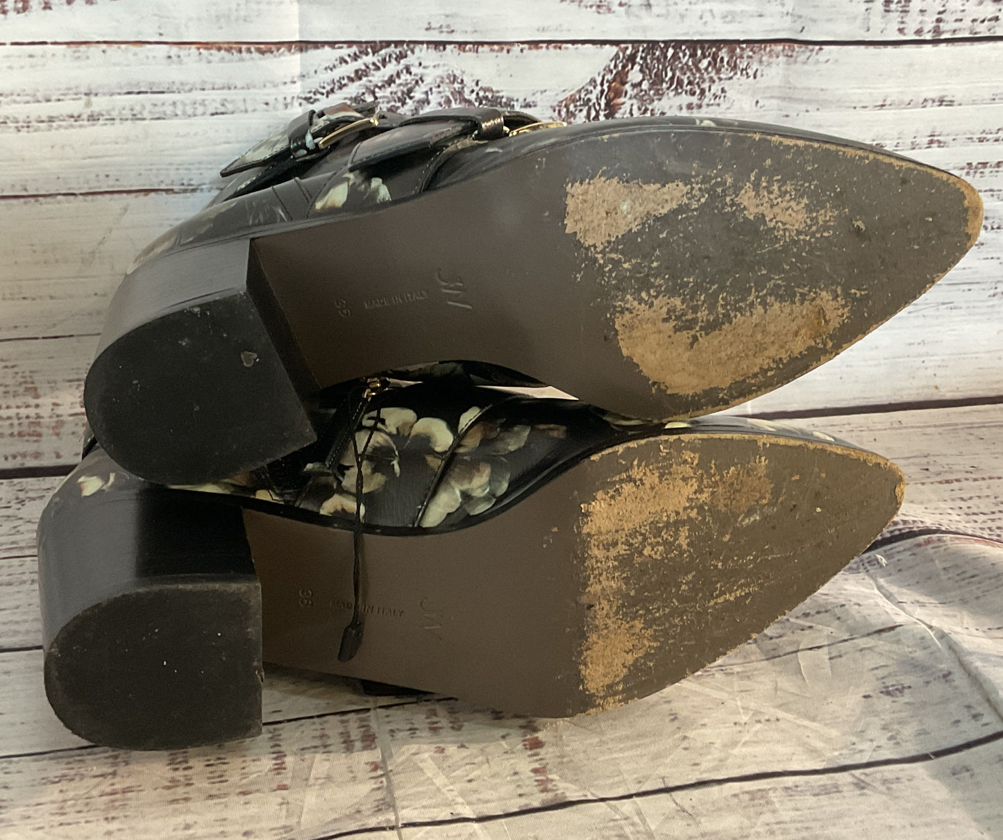 Jason Wu Floral Print Leather Buckle Ankle Booties Black 36