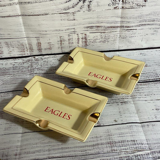 Set of 2 VTG. VIBEE Yellow with Gold Accent Ashtrays- 6" x 4"