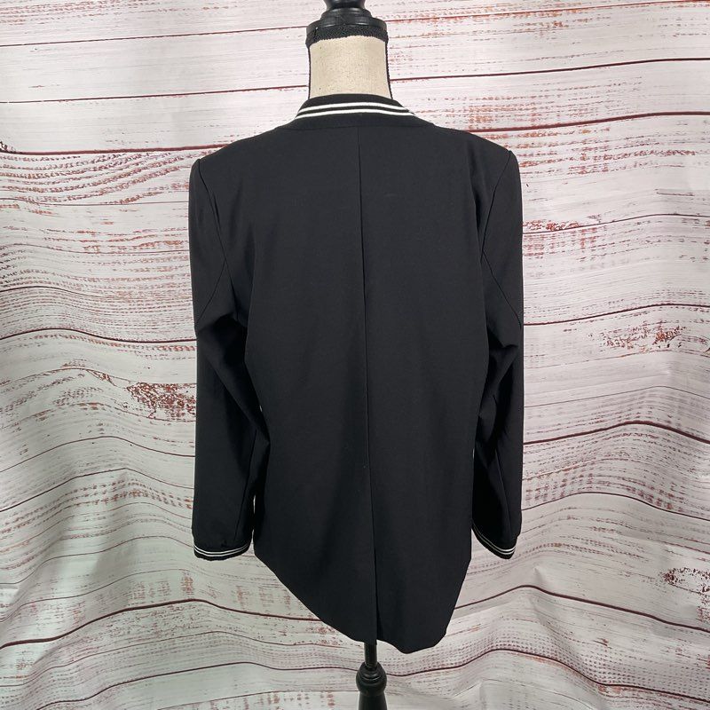 all:row Black & White Stripe Trim Knit One Button Blazer Jacket - Size Large