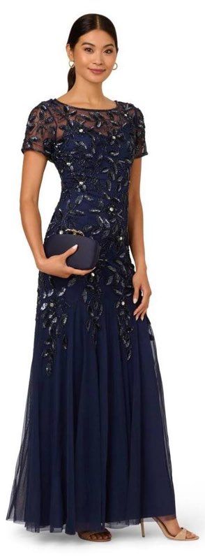 NWT Papell Studio Royal Blue Bead Mesh Godet Long Dress Size 10 Retail $179