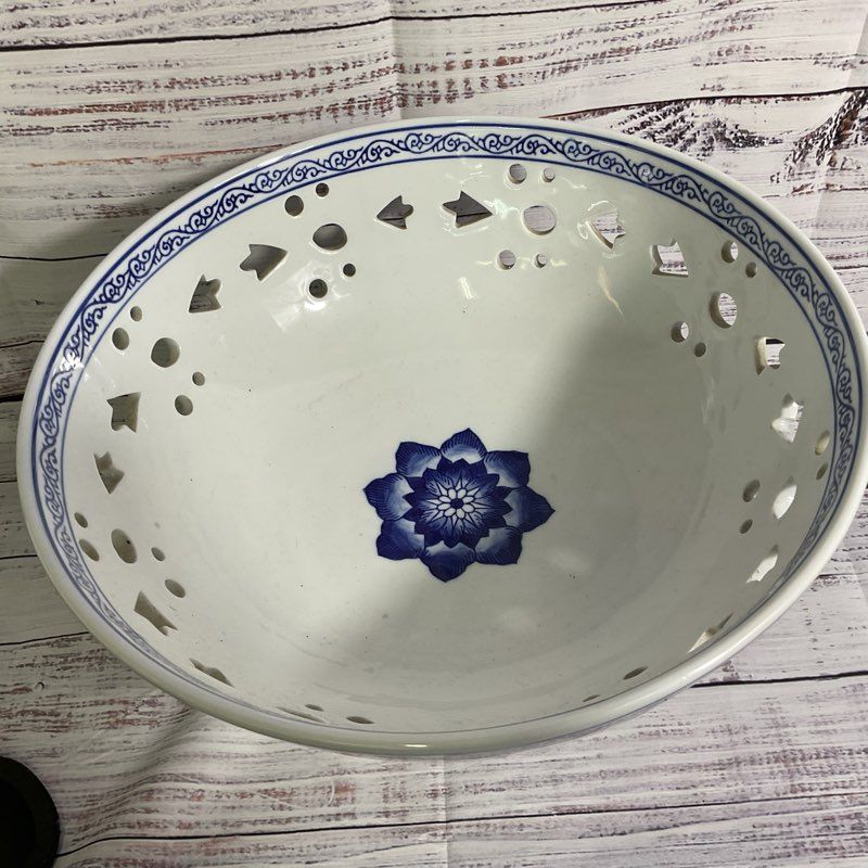 VTG. BOMBAY Blue White Pierced Pedestal Bowl- 8" x 11"