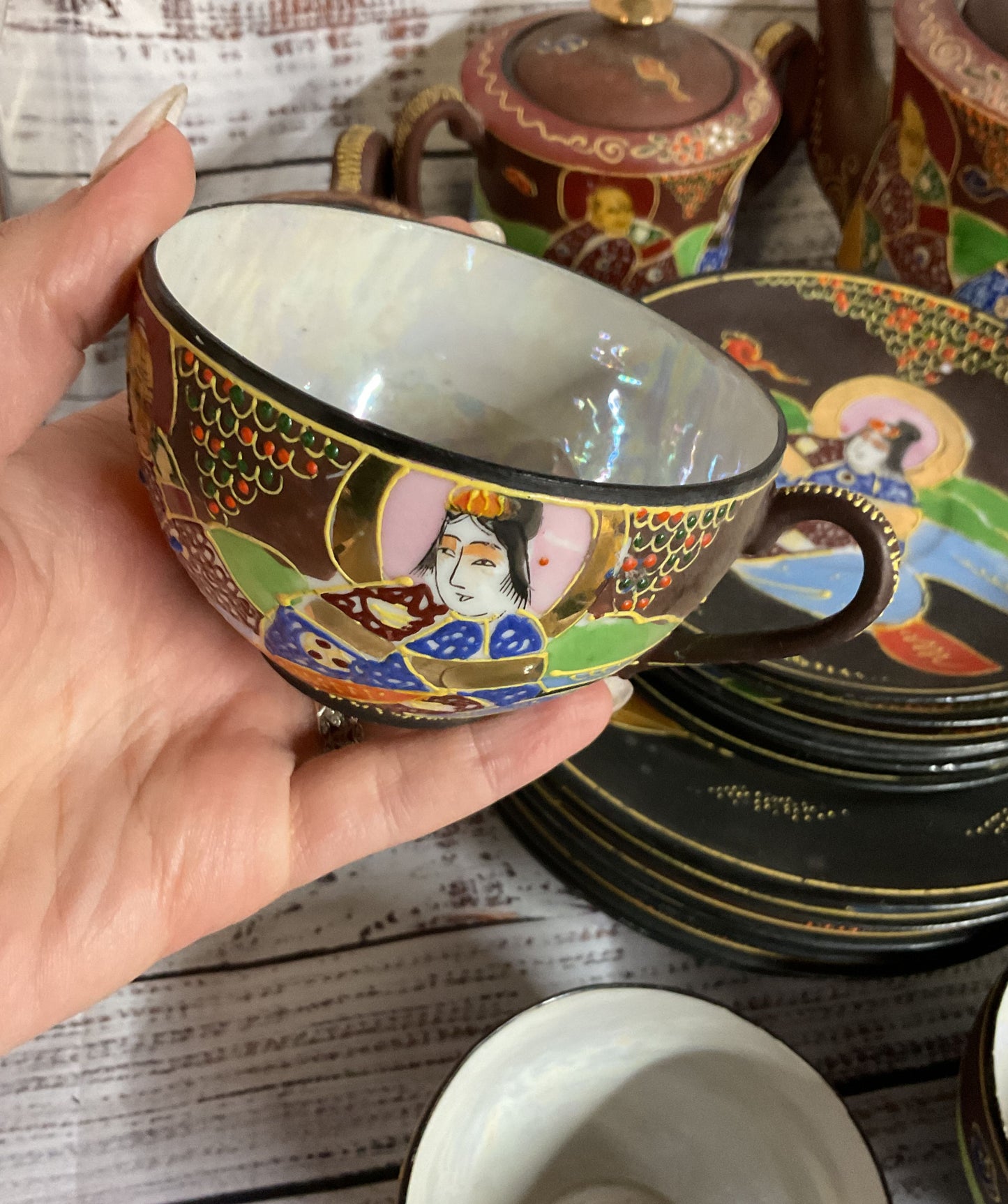 Vintage Japanese Satsuma Moriage Tea Set Cups Saucers Teapot Plates 16Pcs