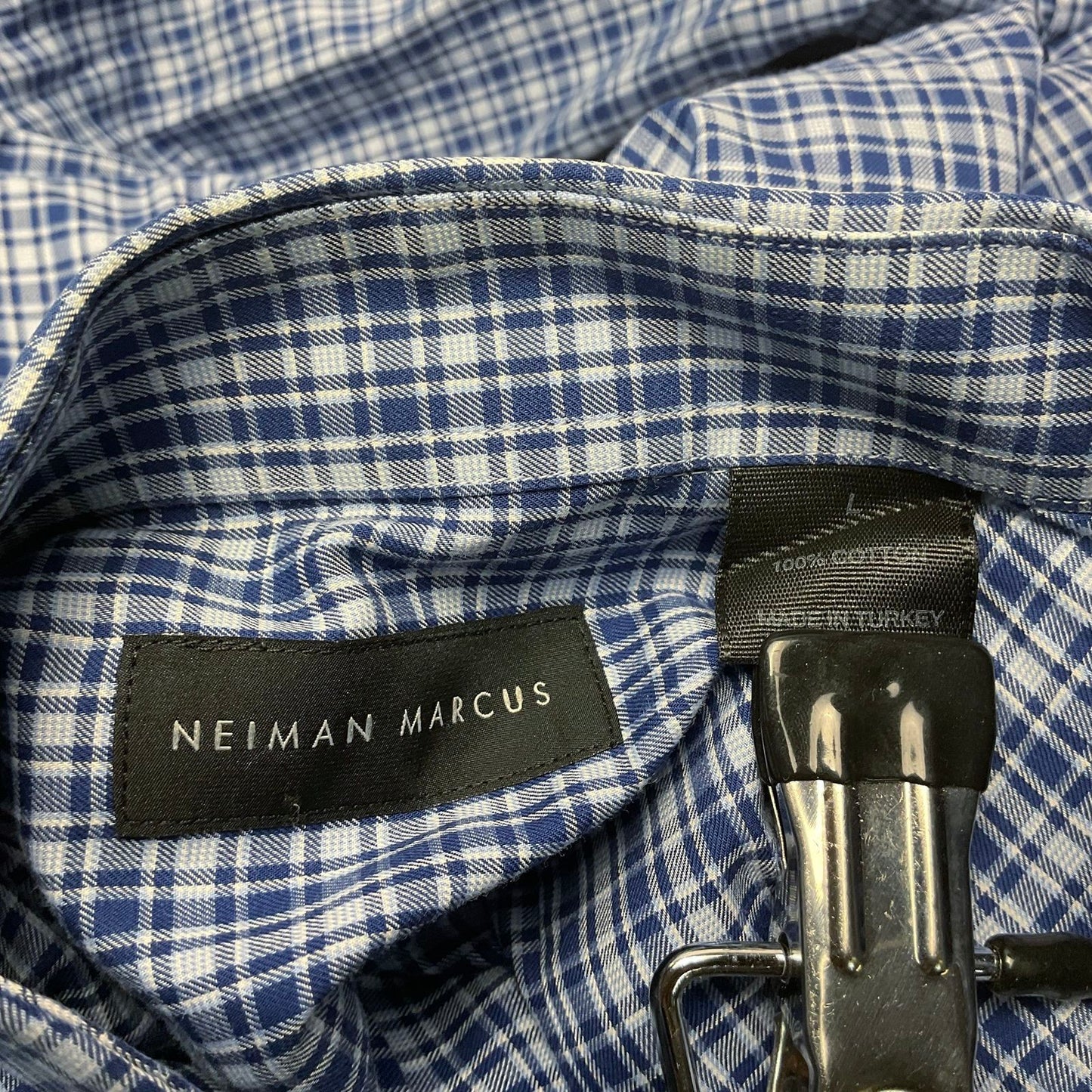 Neiman Marcus Blue White Plaid Button Down Long Sleeve Dress Shirt - Size L