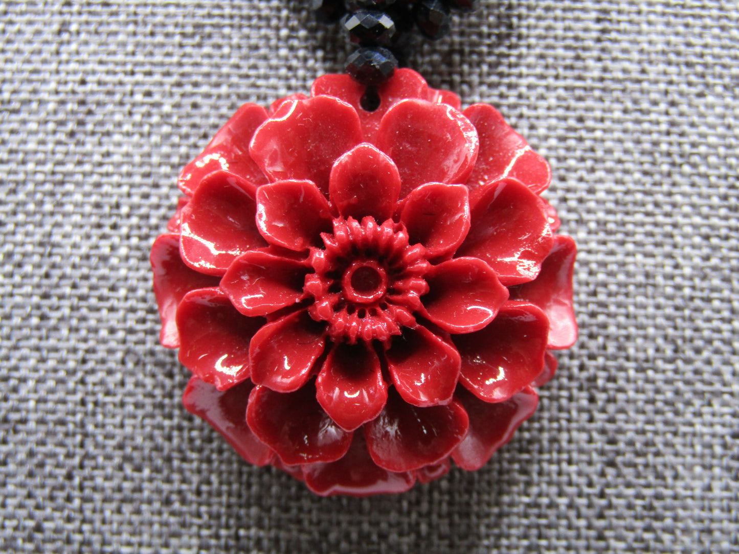 Handcrafted Multi-Strand Faceted Black Rhinestone Floral Carved Resin Necklace